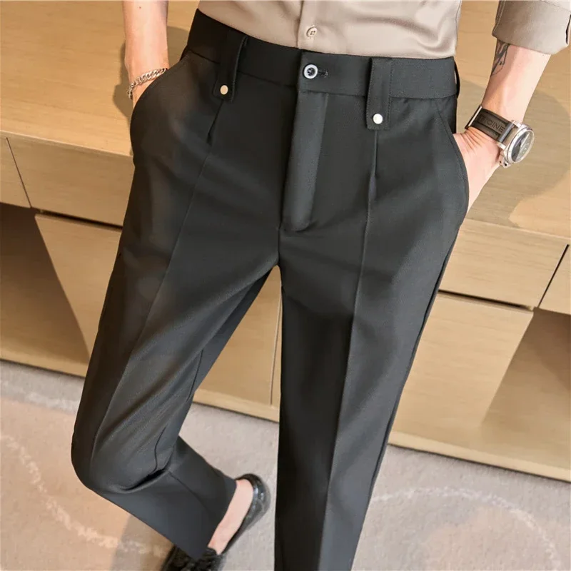 Men High Quality Business Casual Suit Pants Pure Fashion High Street Solid Color Office Social Slim Fit Elastic Waist Pants28-40