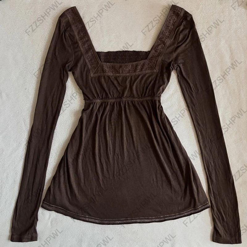 قميص هاراجوكو النسائي عصري وأنيق بلون سادة وياقة مربعة يومية غير رسمية كلاسيكية Y2K ملابس جمالية للشارع بأكمام طويلة