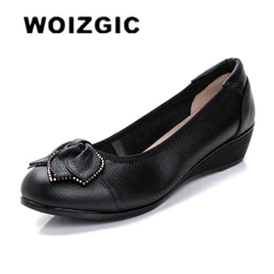 WOIZGIC Women Mother Old Shoes Flats Loafers Cow Genuine Leather Pigskin Rubber Suede Slip On Bowknot Casual 34-43 HC-1107