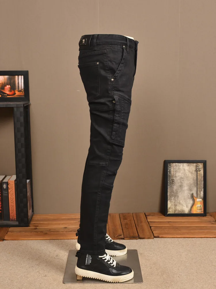 Stitching Black Jeans Men's All-Match Fashionable Slim Fit Skinny Stretch High-End Washed Casual Tight Motorcycle Pants