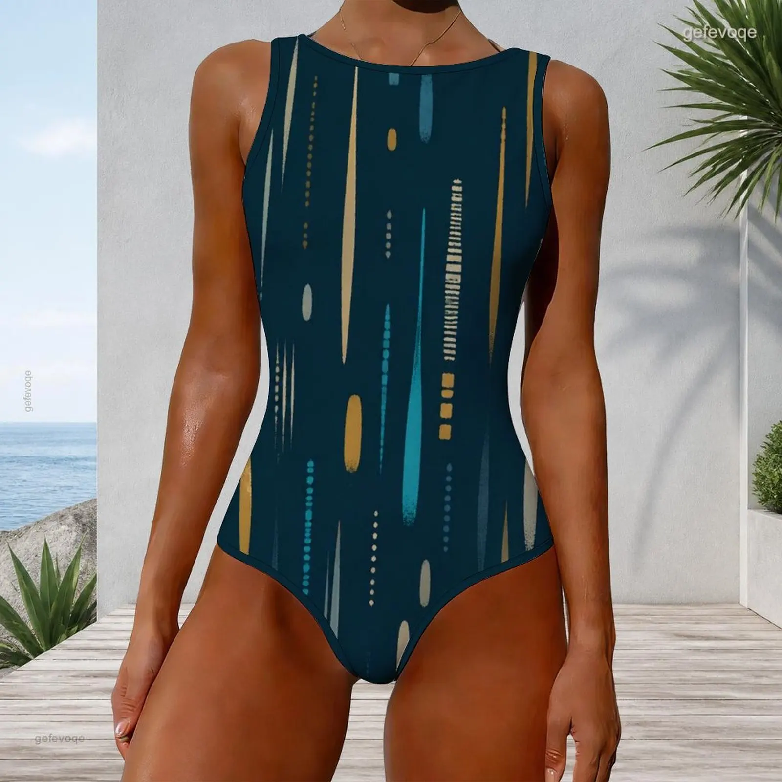 Printed Swimsuit for Women High Round Neck Sleeveless One Piece