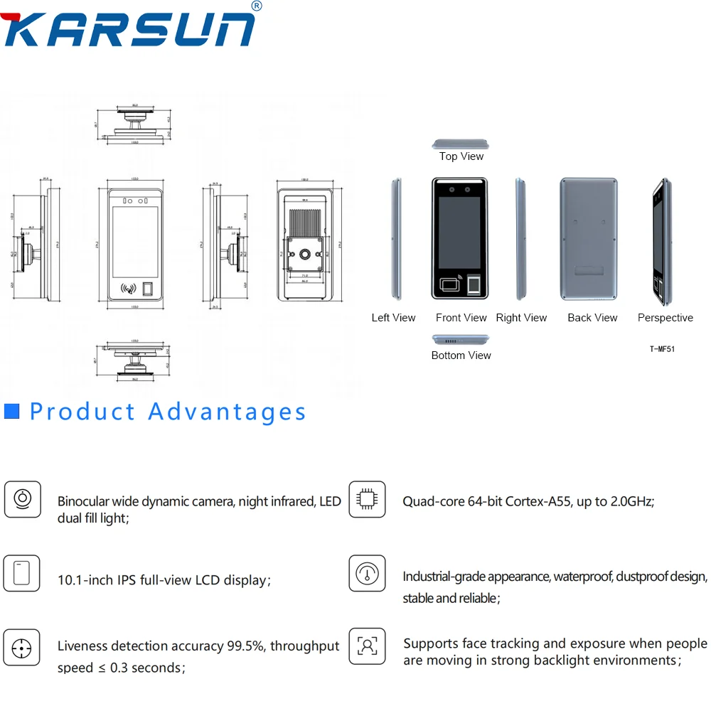 Karsun 10.1 Inch Android 11 Face Recognition Time Attendance Machine LCD Display Waterproof WiFi Night Vision Cloud/Memory Card
