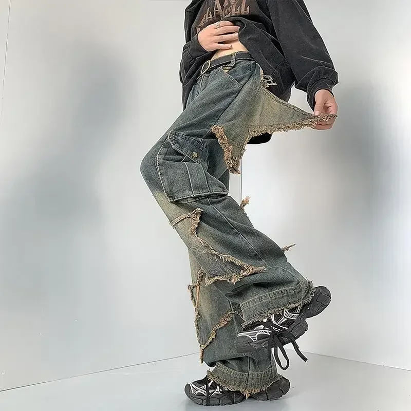 

American Streetwear Washed and Old Cargo Pants Men Men Spring and Summer Hip Hop Baggy Jeans Raw Edge Straight Wide Leg Pants