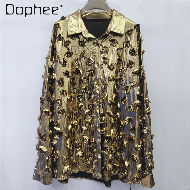 

European and American Fashion Shirt for Women Spring New High-end Elegant Three-dimensional Flower Collar Long Sleeve Glossy Top