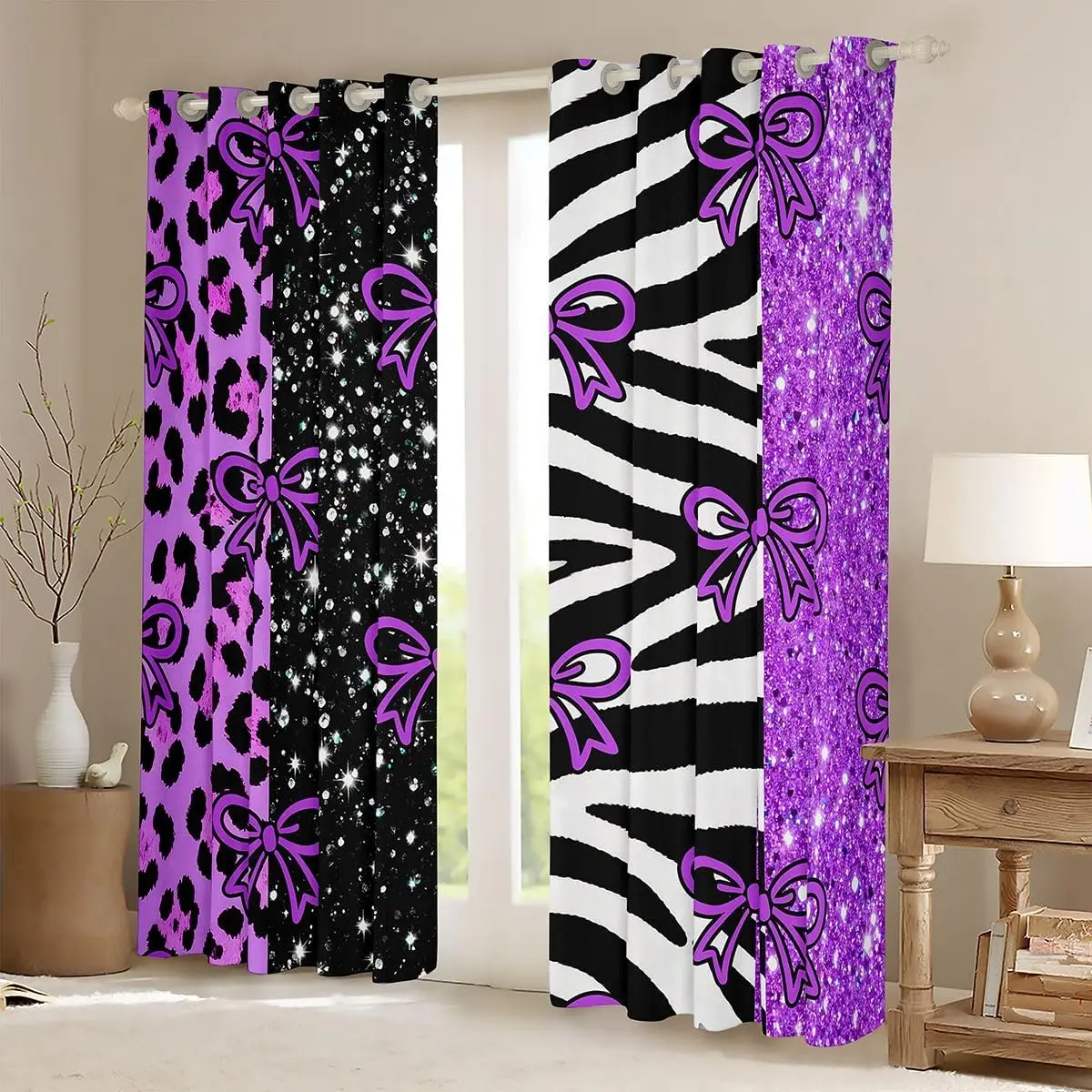Bohemian Style Curtains Panels Set Purple Leopard Zebra Galaxy Stars Glitter Print Window Drapes for Modern Boho Home Party Deco