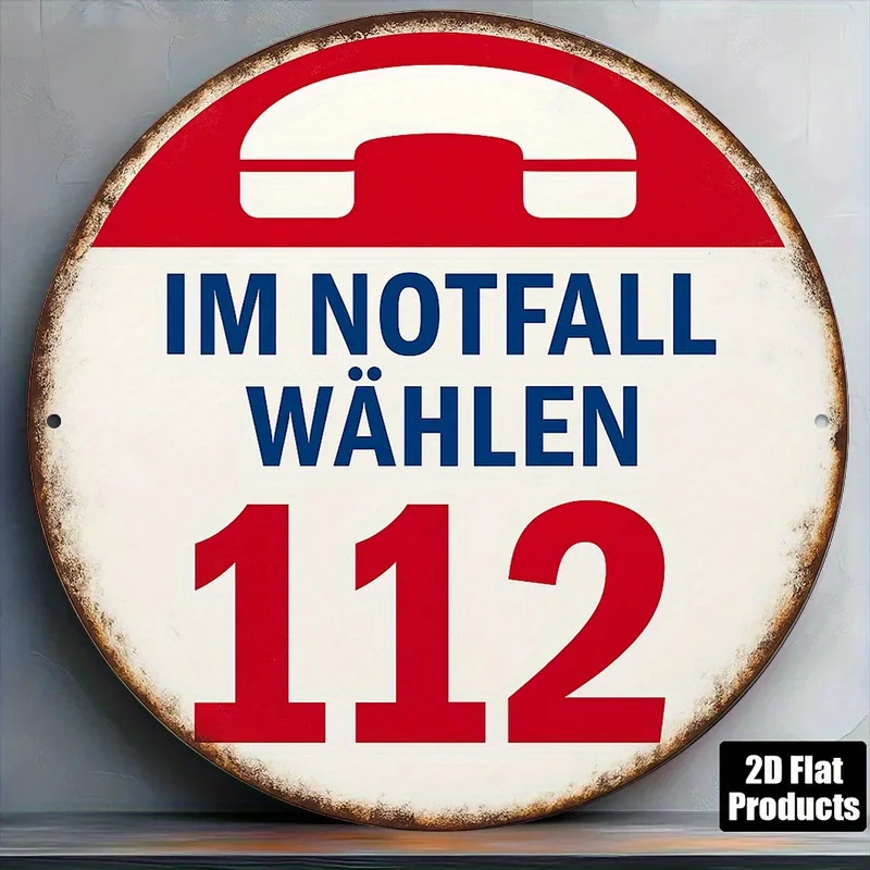1pc Vintage European 112 Emergency Number Phone Sign - German/English Text 