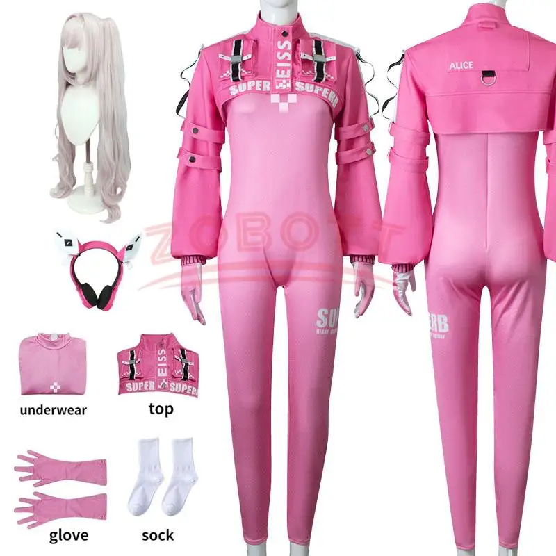 Kostum Cosplay Anime Irelia H Store Nikke Alice Pakaian Seksi Kemenangan Jaket Set Jumpsuit Pink Game Kostum untuk Wanita