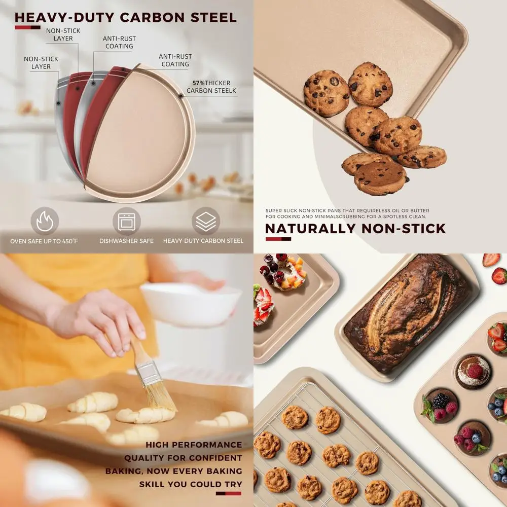 

7-Piece Nonstick Gold Bakeware Set: Round Cake Pan, Loaf Pan, Muffin Pan, Cookie Sheet, Roast Pan, Cooling Rack, Silicone Mitts