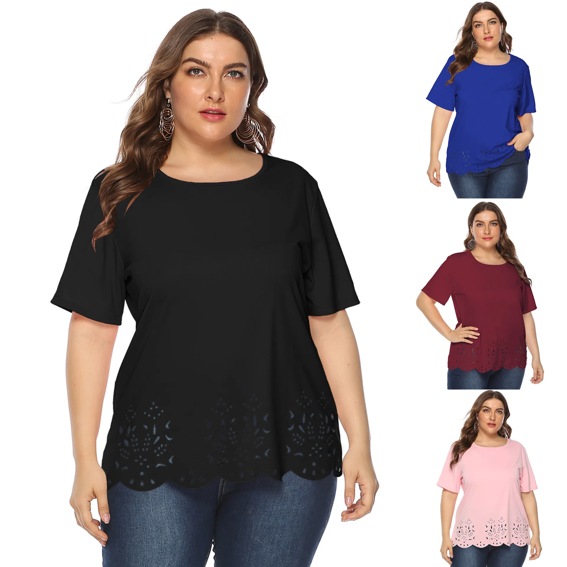L5XL femmes décontracté grande taille T-shirt rue Sle coupe ample évider imprimé coton ort Sve rond Ne haut