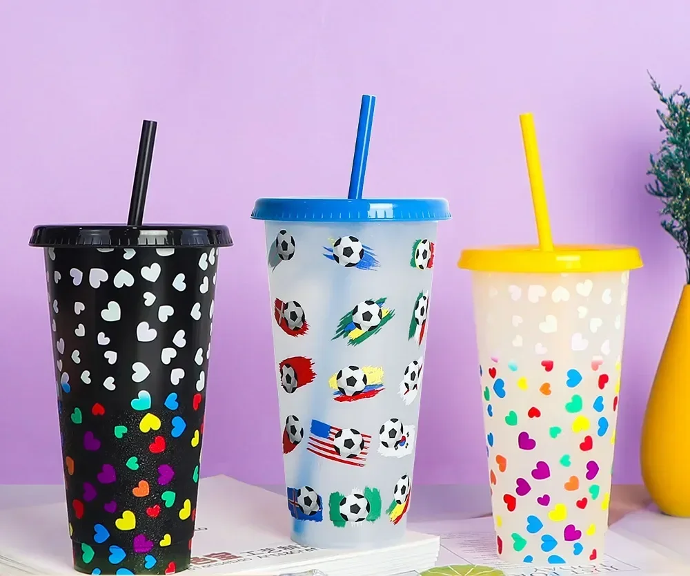 710ml Reusable with Straws Creative Water Cups Changing Colour Cup Magical Plastic Cold Water Color Changing Cup for Halloween