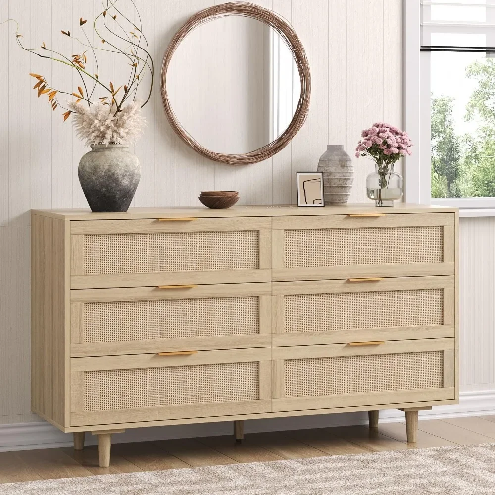 

51" Rattan Dresser for Bedroom, 6 Drawer Wide Dresser, Boho&Farmhouse Chest of Drawers, Clothes Storage Cabinet, Metal Handle