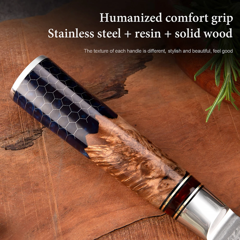 XITUO 1-9 Piece Kitchen Knives Set Damascus Steel Chef Knife Sharp Cut Vegetables Sliced Meat Bread Blue Resin Honeycomb Handle