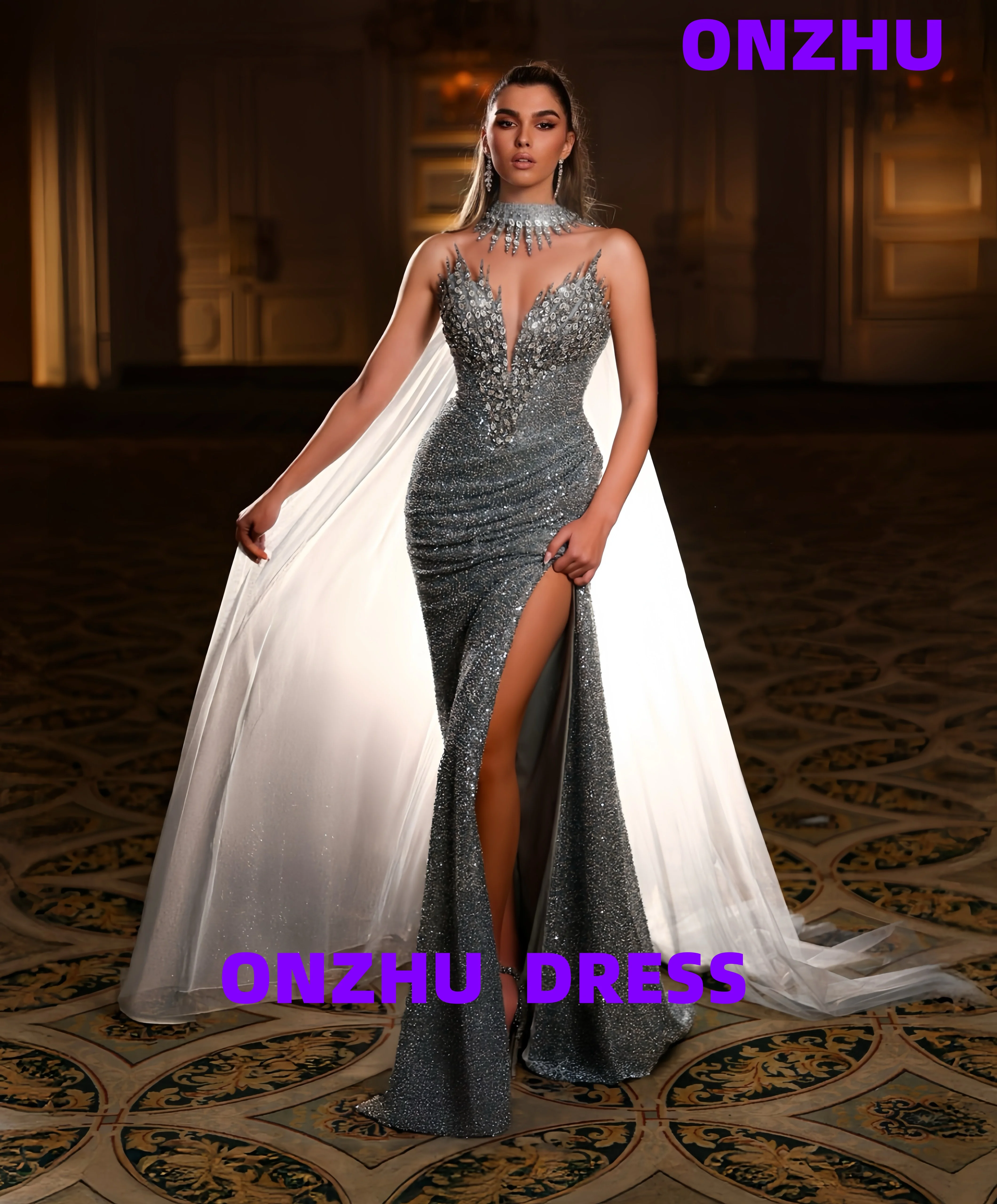 Personalizado com decote em v sem mangas sereia amanda novias vestidos de noite luxuosos vestido de noite feminino