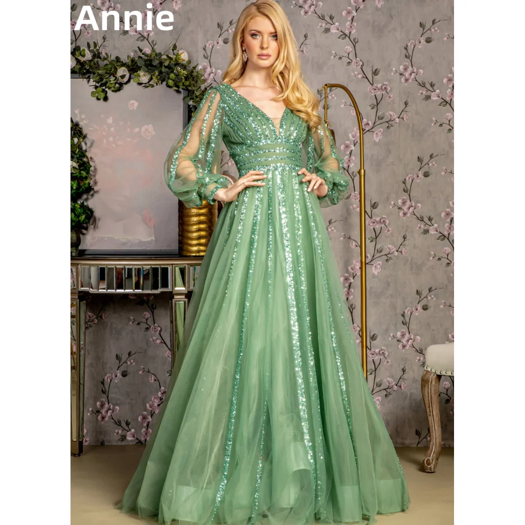 

Annie Green Prom Dresses Luxury Sequined Tulle Long Sleeves Evening Dresses Women's Wedding Party Dress Vestidos De Noche2024