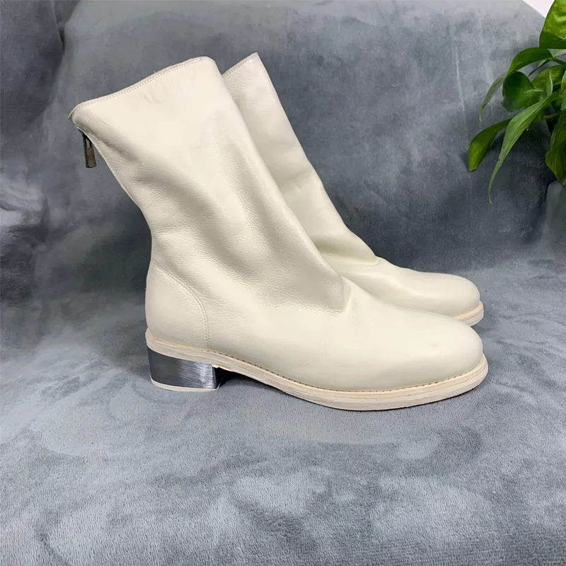 Handcrafted Men Shoes Vintage Horsehide Riding Boots Metal Decorations Zipper Mid-Calf Chelsea Boots British Women Fashion Boots