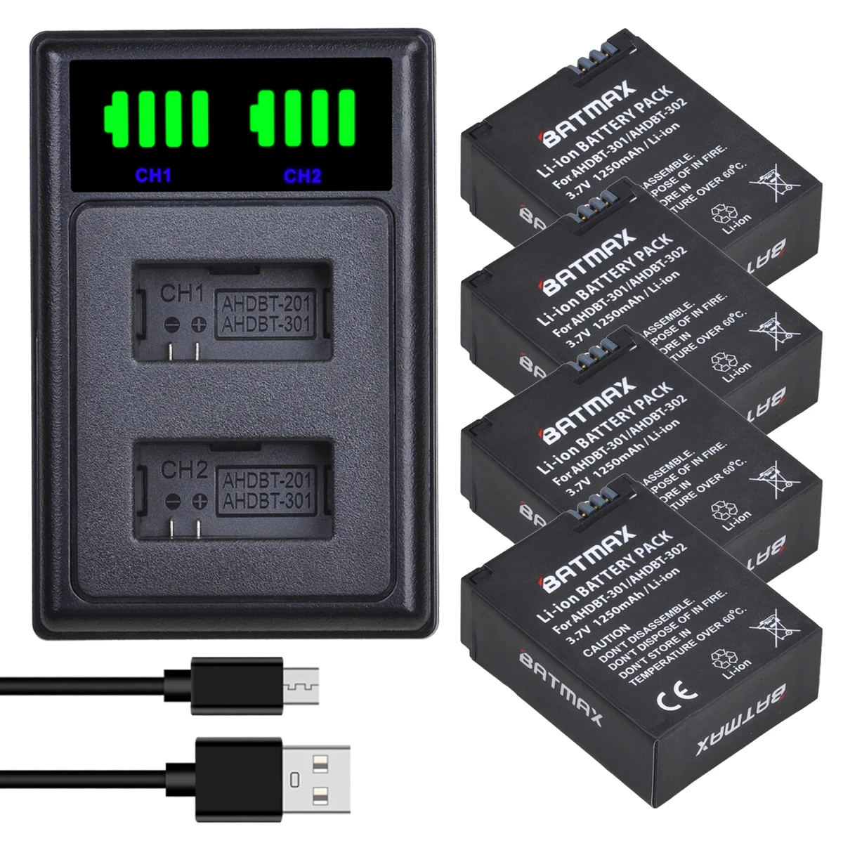 Batmax Battery For GoPro Hero3 Hero3+ battery 1250mAh +LED Dual Charger with Type C Port for Gopro Hero3 Hero3+ Action Camera