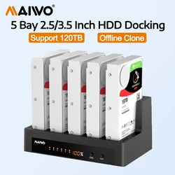MAIWO 5베이 하드 드라이브 도킹 스테이션 2.5/3.5인치 SSD/HDD 케이스, 디지털 디스플레이가 있는 오프라인 복제 지원, 데스크탑 노트북용