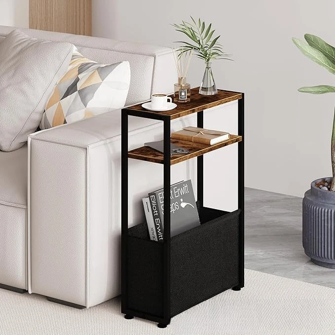 Iron Wood Combination Movable Sofa with Narrow Edge Table and Storage Basket, Simple Small Space Living Room Corner Table