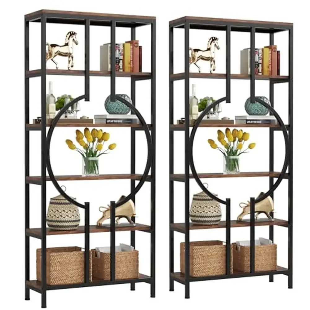 Industrial 6-Tier Wooden Metal Bookshelf Display Shelf Living Room Bedroom Office Storage Heavy Duty and Scratch Resistant