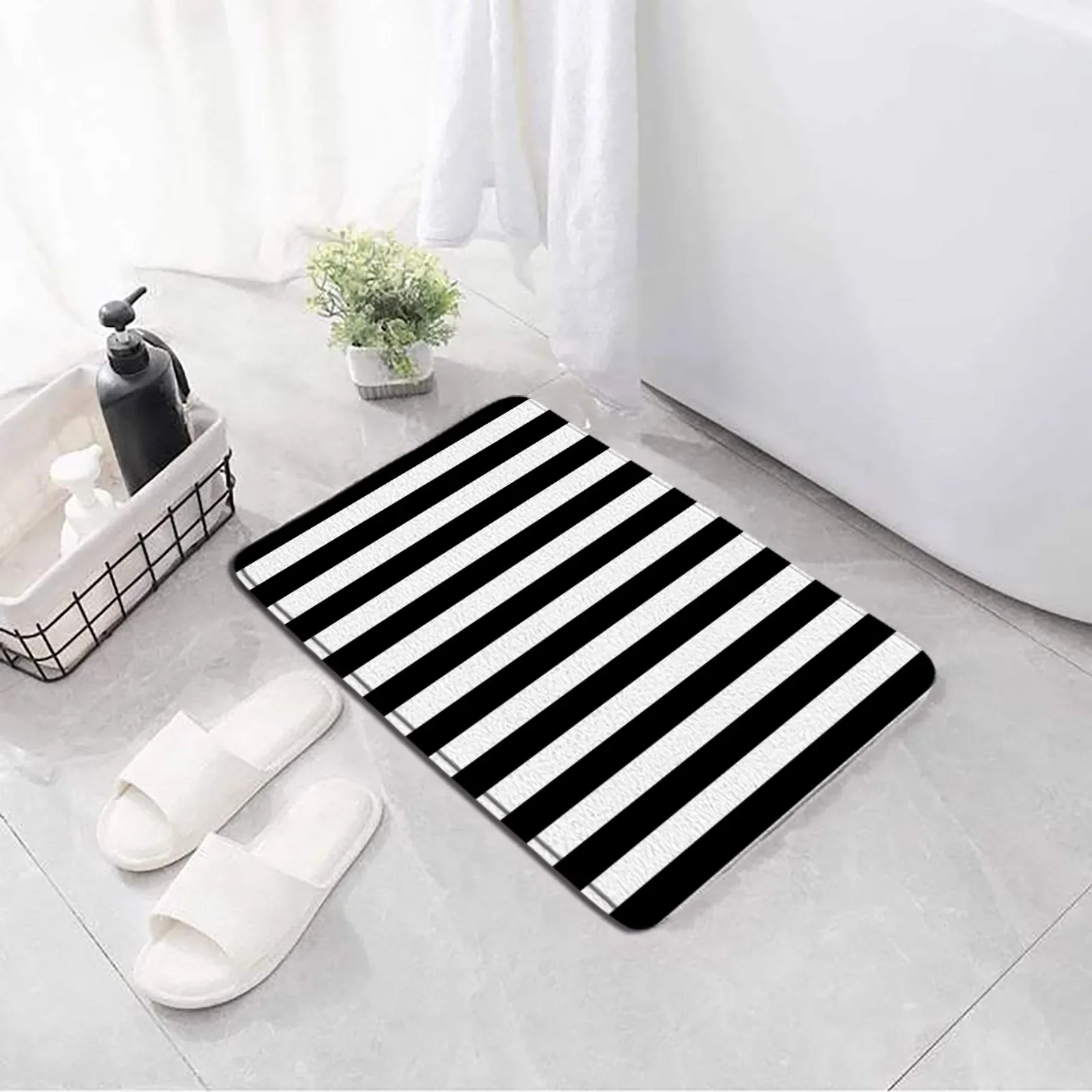 Black and white striped Bath Mat geometric Print Anti Slip Bathroom Rug Flannel Foot Mat Toilet Carpet Bathroom Accessories Set