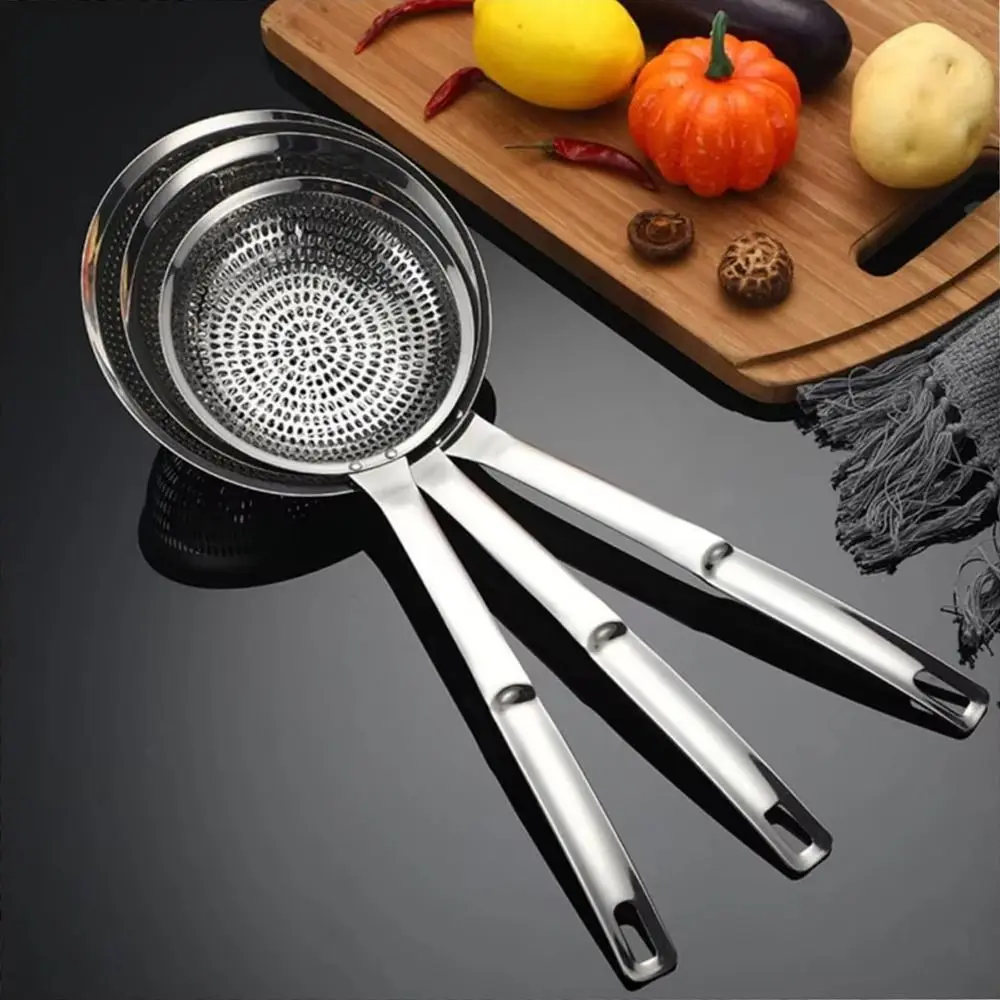 

Stainless Steel Kitchen Draining Scoop Reusable Fine Holes Oil Colander Spoon Ergonomic Handle Comfortable Oil Filtering Scoop