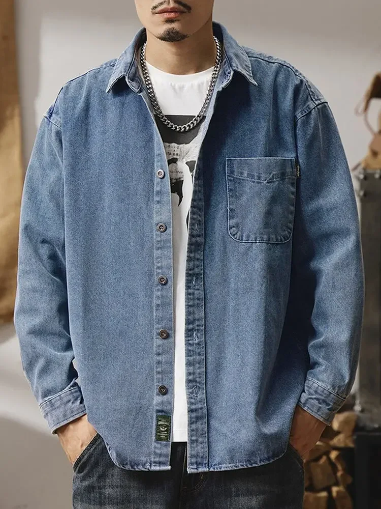 [اختياري مختلف] قميص دينيم بأكمام طويلة للرجال، قميص أمريكي وسيم، سترة سميكة غير رسمية فضفاضة للرجال مغسولة