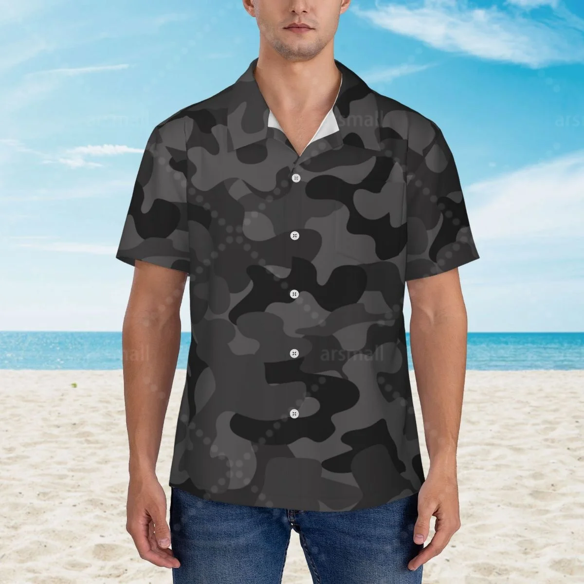 

Black Camouflage Hawaiian Shirt Men Short Sleeve Casual Floral Print Beach Shirt Summer Vacation Shirt