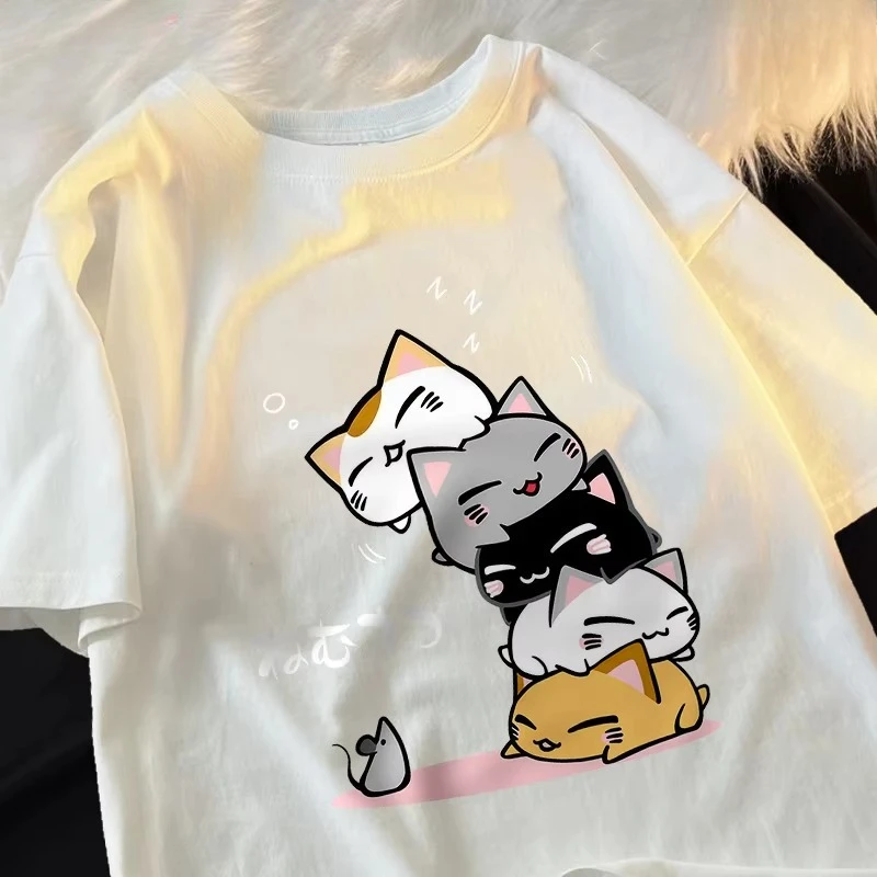Cute Stacked Cats Sleeping Don'T See The Mouse Men Women T Shirts Oversized Loose T-Shirts Summer Cotton O-Neck Short Sleeve