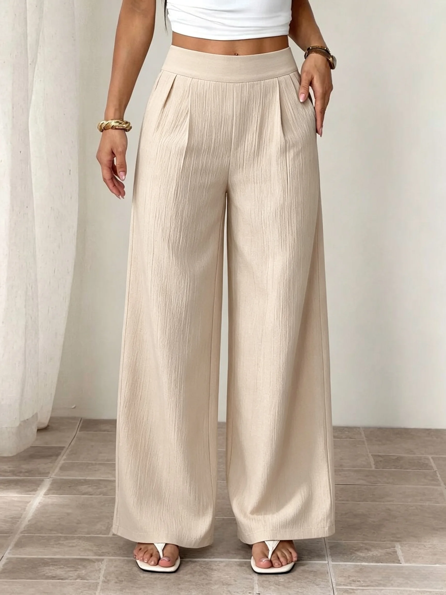 Women's High Waist Textured Wide Leg Pants Elastic Waist Loose Casual Trousers