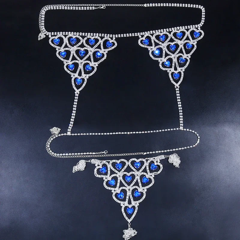 Sexy Rhinestone Blue Heart Body Chain Set Lingerie Jewelry Outfit Women Underwear New 2022 Fashion Bra Chest Chain and Thong Set