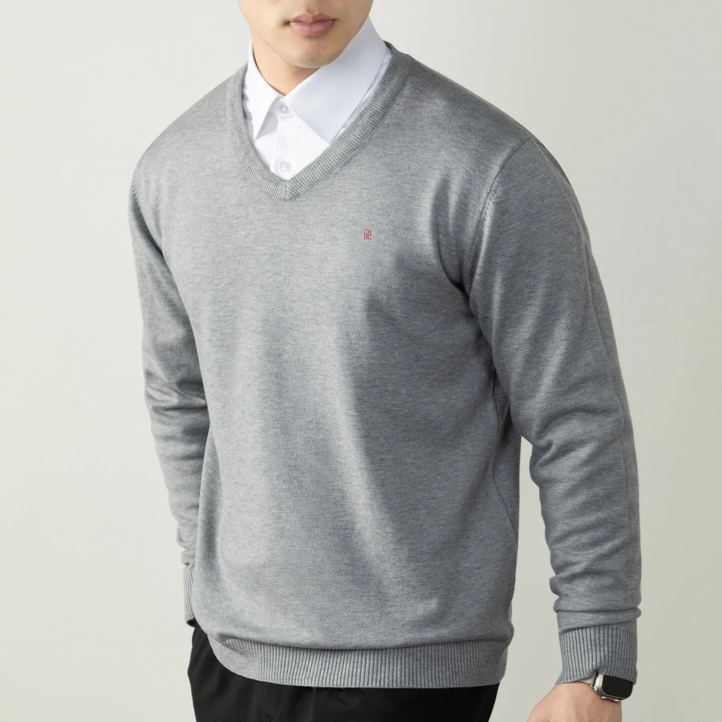 CH V-Ausschnitt Strickpullover Langarm Gerippte Manschetten Fein Gestrickter Stoff Regular Fit Business Casual Strickoberteil – Detail 7