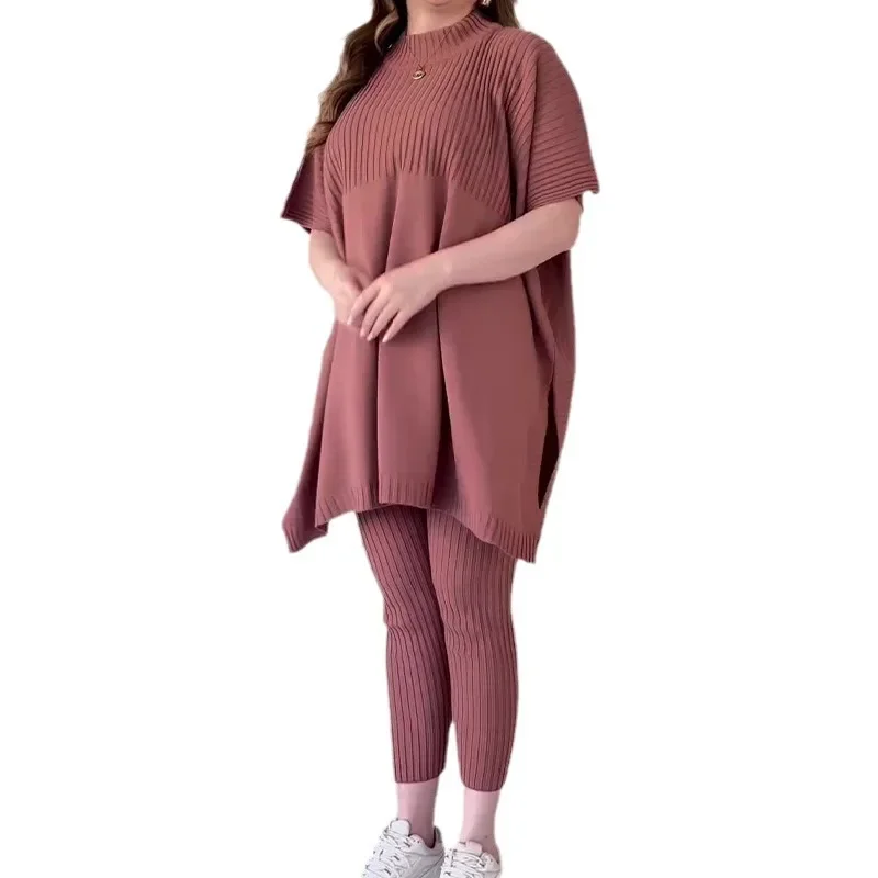 Women Two Piece Pant Sets Knitted Batwing Sweaters Short Sleeve Y2k Tops Casual High Waist Pants Autumn Winter Matching Sets