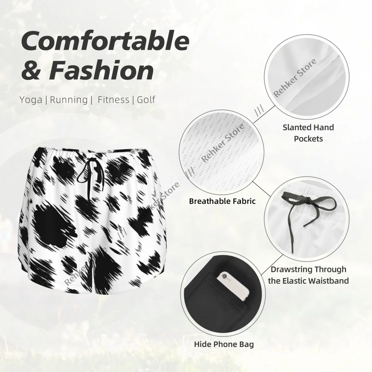 Calções esportivos femininos dálmata animal impressão correndo yoga fitness treinamento de badminton de secagem rápida com bolso