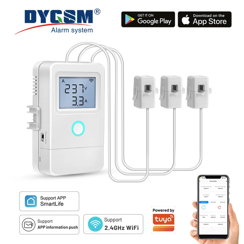 Tuya WiFi Smart Electricity Meter 3 Current Transformers 1 Way 16A Switch LCD Display Overheat Alarm Flame Retardant Material