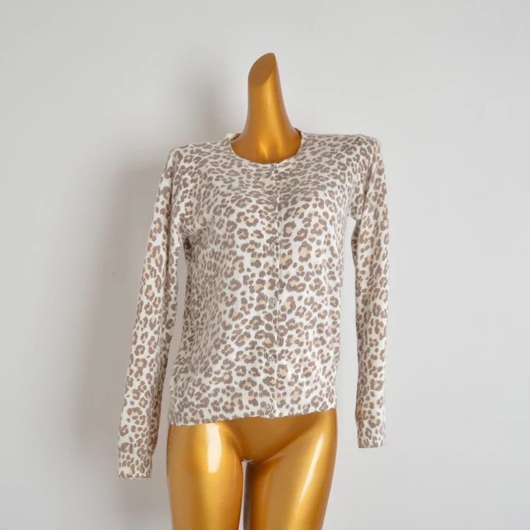 

Spring Autumn Leopard Print Knitted Long Sve Wrap Cardigan Women's Slimming Versatile Top Commute Sle round Ne Wool Blend