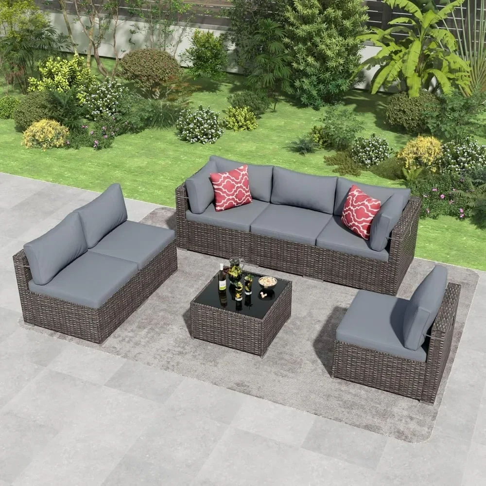 

7 Pieces Outdoor Patio Furniture Set Wicker Patio Conversation Sectional Couch Set All Weather PE Rattan Sofa with Glass Table