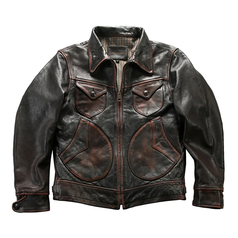 

New tea core cowhide vintage Three-dimensional pocket turn-down collar genuine leather motorcycle casual jacket for men