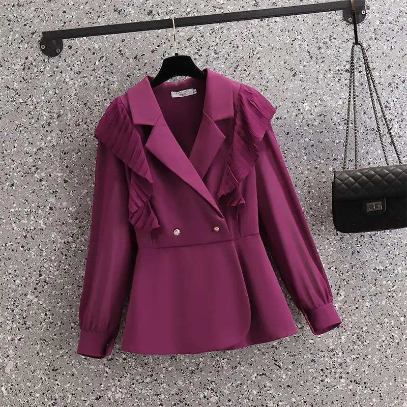 Setelan baju kantor profesional wanita, jaket kemeja sifon lipit tepi lipit, celana kaki lebar kasual, setelan celana kantor profesional elegan dua potong