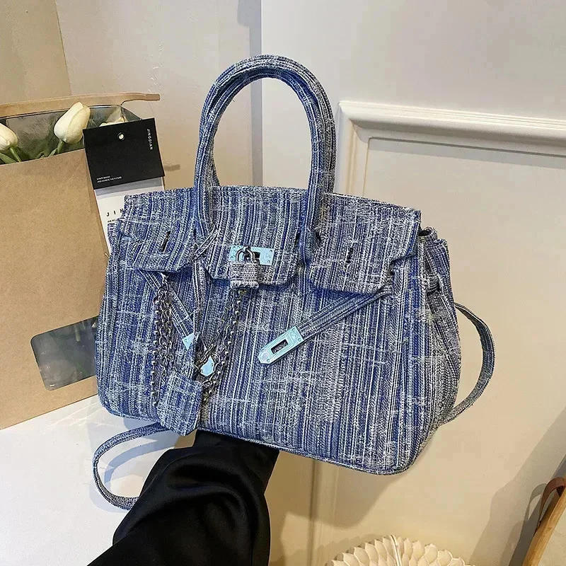 

Vintage Denim Crossbody Bag Women High Street Handle Chic Casual Messenger Bag Luxury Designer Ladies Retro Blue Handbag