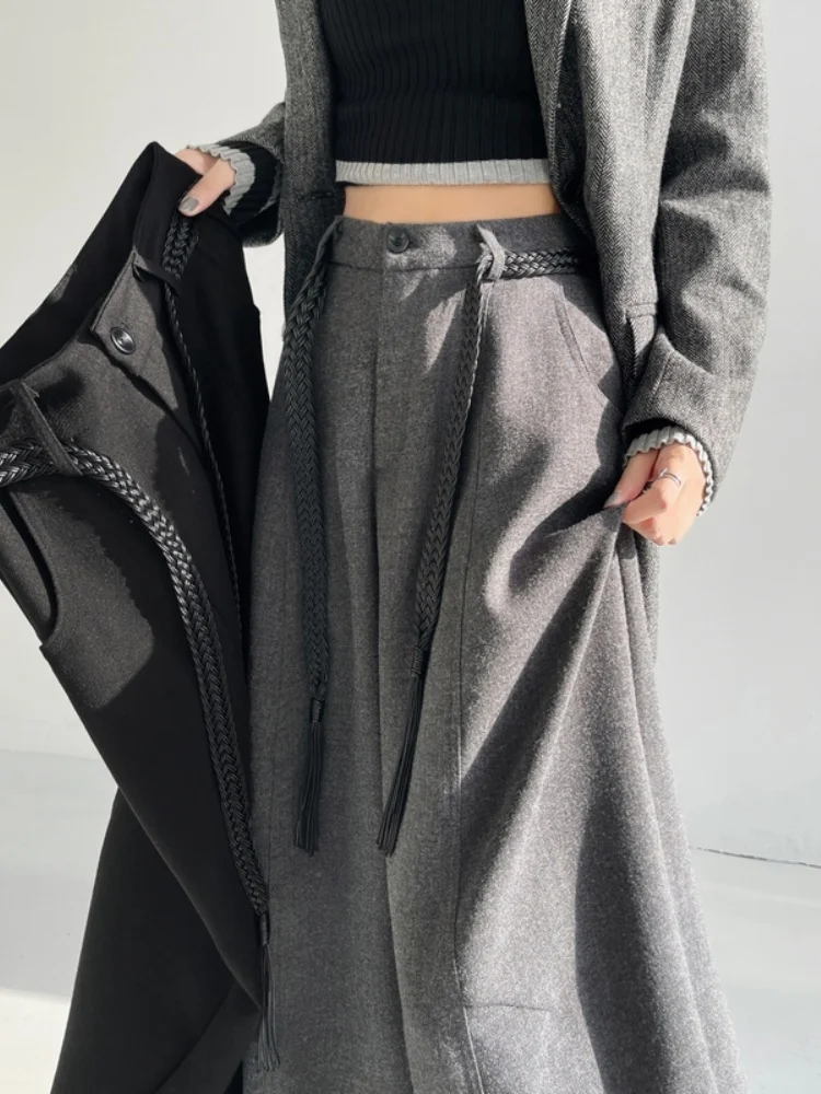 Deep Grey Thickened Wide Leg Pants Women's High Waist Slimming Trousers Casual Floor-Length Pants Korean Style Commute Wind