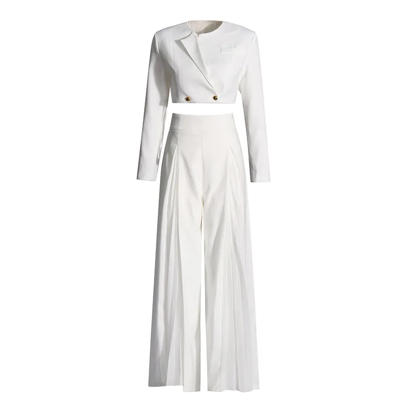Moda feminina commuter terno frente ombro curto blazer cintura alta calças de perna larga plissado divisão imeisстюм ж dik onderdelen