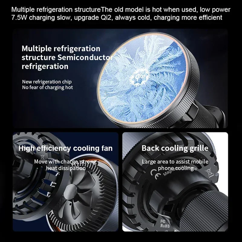 15W qi2 Car GPS Magnetic Wireless Charger Cooling Phone Holder For Magsafe iPhone 16 15 14 13 12 Pro Max Fast Charging Station