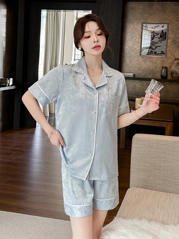 

Summer Satin Sleepwear Short Sleeved Pajamas Shorts Set High-Quality Butterfly Hot Diamond Jacquard Nightwear Women Home Clothes