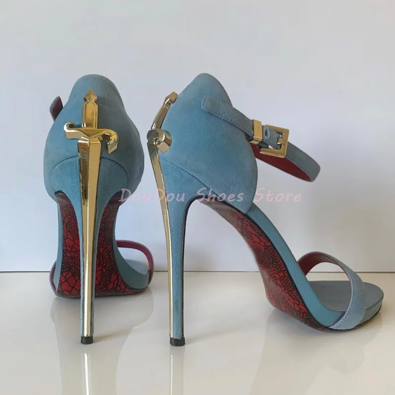 Pink Suede Sword Shaped Metal Heel Open Toe Sandals Women Leather Solid One Strap Thin High Heels Sexy Fashion Party Prom Shoes