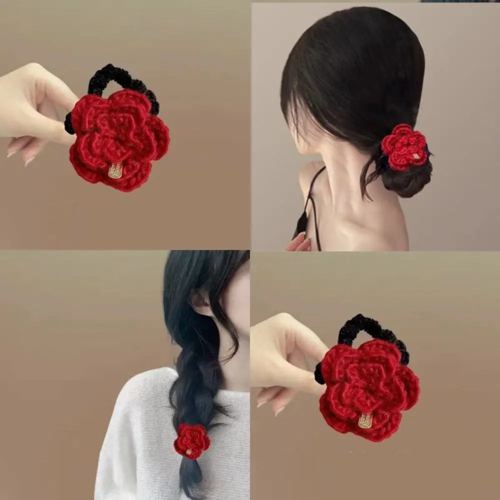 

Gift Knitted Rose Flower Hair Claw Crab Clip Scrunchies Wool Flower Hair Rope Wool Ponytail Holder Rubber Hair Tie Streetwear