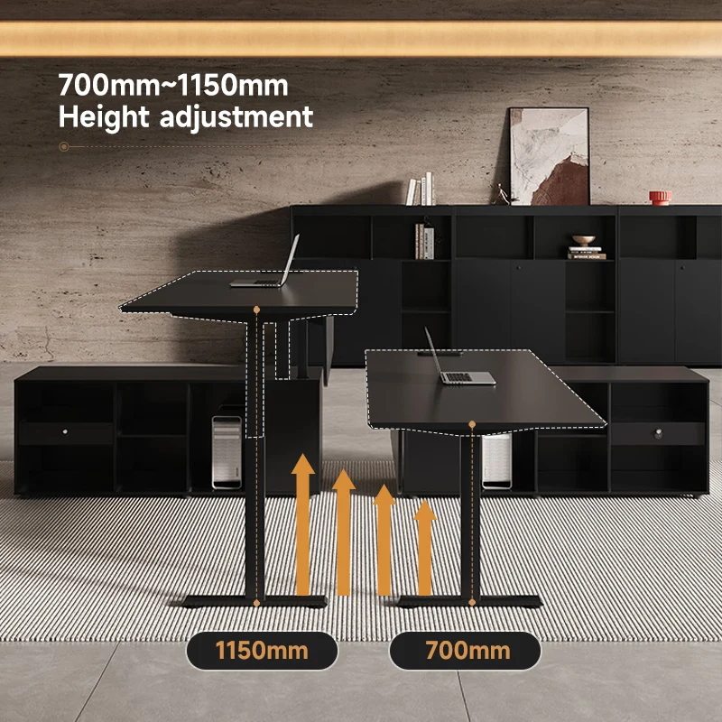 Modern Electric Lift Luxury Executive Office Desk Adjustable Height Stainless Steel Wood Construction