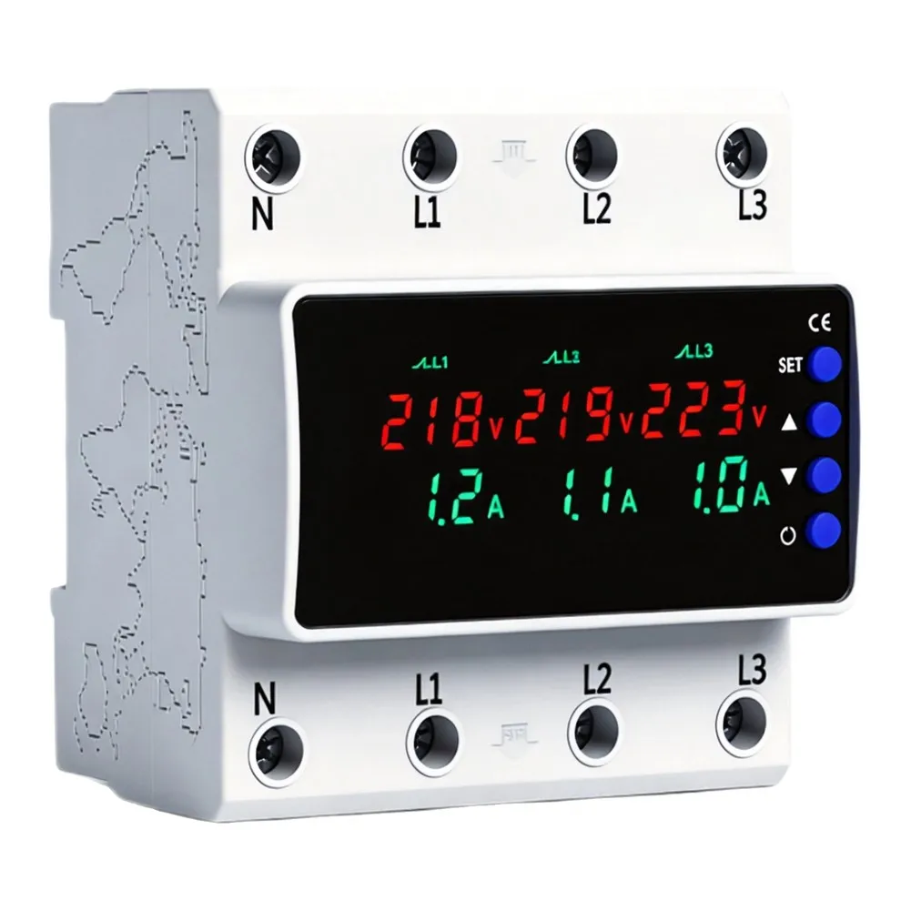 Three Phase Voltage Current Protector with Real Time Voltage Display and Auto For Reset for Overload 100x40x60mm White Housing