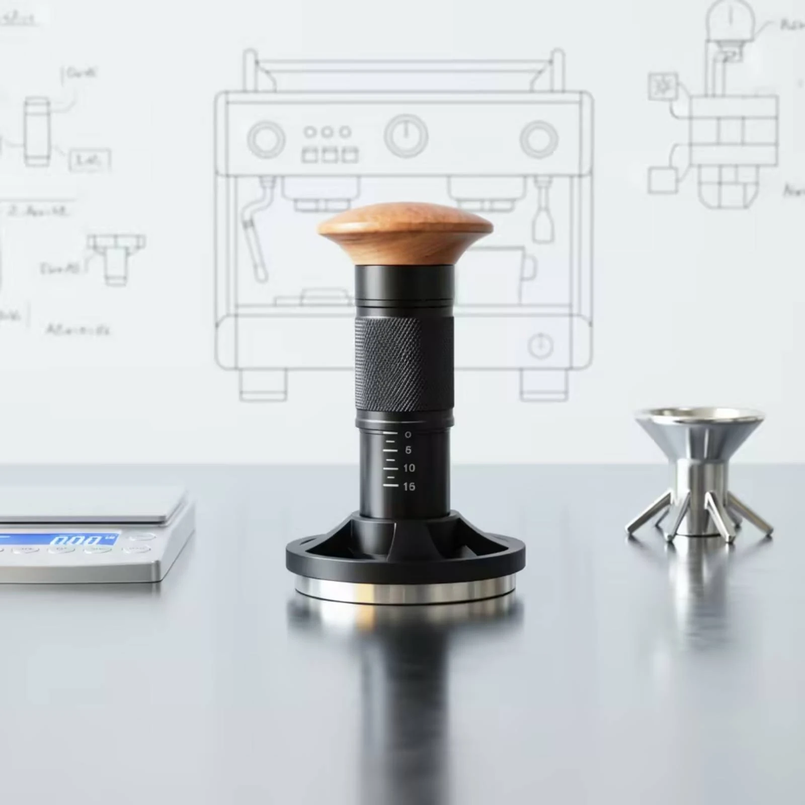 Spring-Loaded Espresso Tamper Consistent Pressure Espresso Tamper with Wooden Handle Knurled Ergonomic for Baristas, Cafes