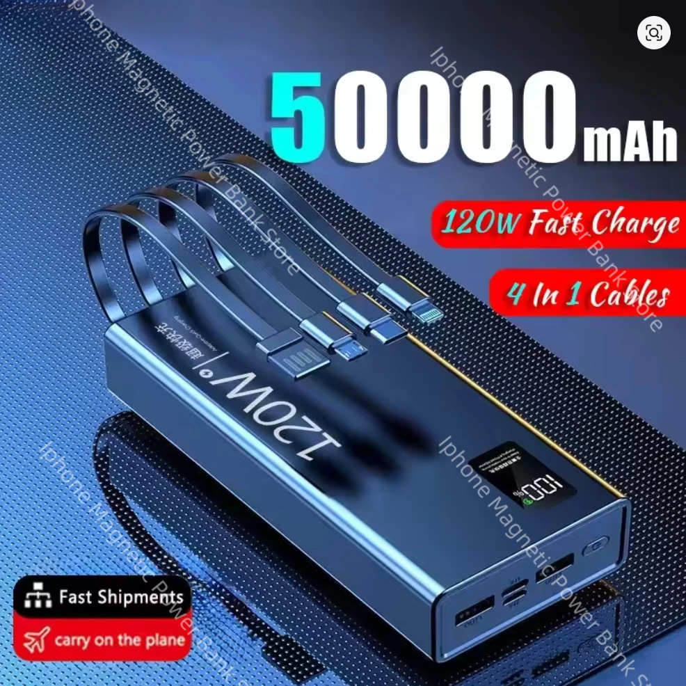 

New Brand 120W 50000mAh High Capacity Power Bank Trendy 4 in 1 Cables Fast Charging Portable Battery Charger For iPhone Samsung