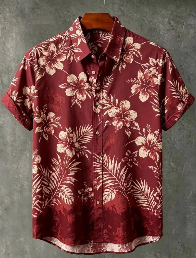 Men's Nature-Inspired Floral And Leaf Print Casual Shirt, Breathable Top For Summer Vacation Party Travel And Daily Wear